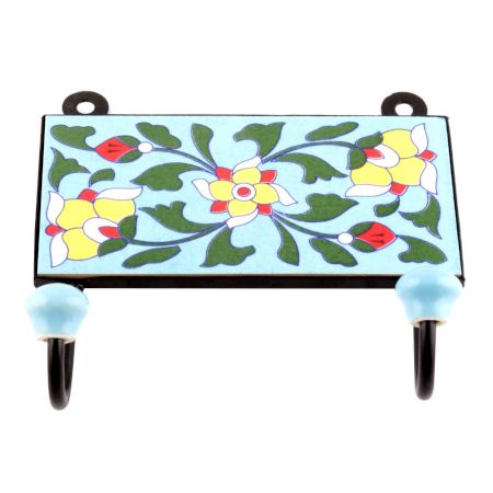 Turquoise And Yellow Tiny Flower Ceramic Tiles Hooks